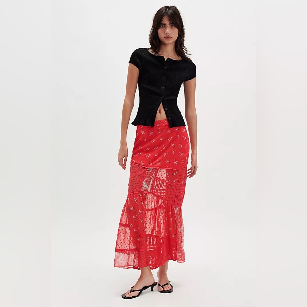 New Free People Daniella Lace Maxi Skirt In Poppy Red Sz XS